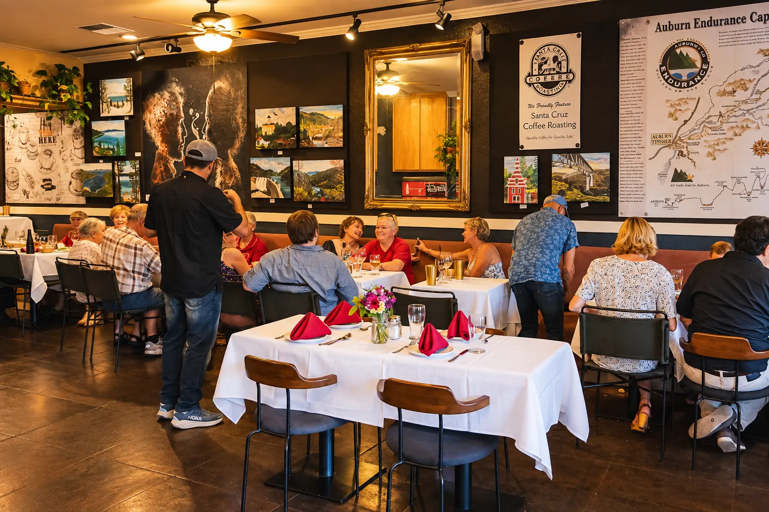 Guests dining together at Baked & Brewed's warmly lit indoor dining room, surrounded by local art