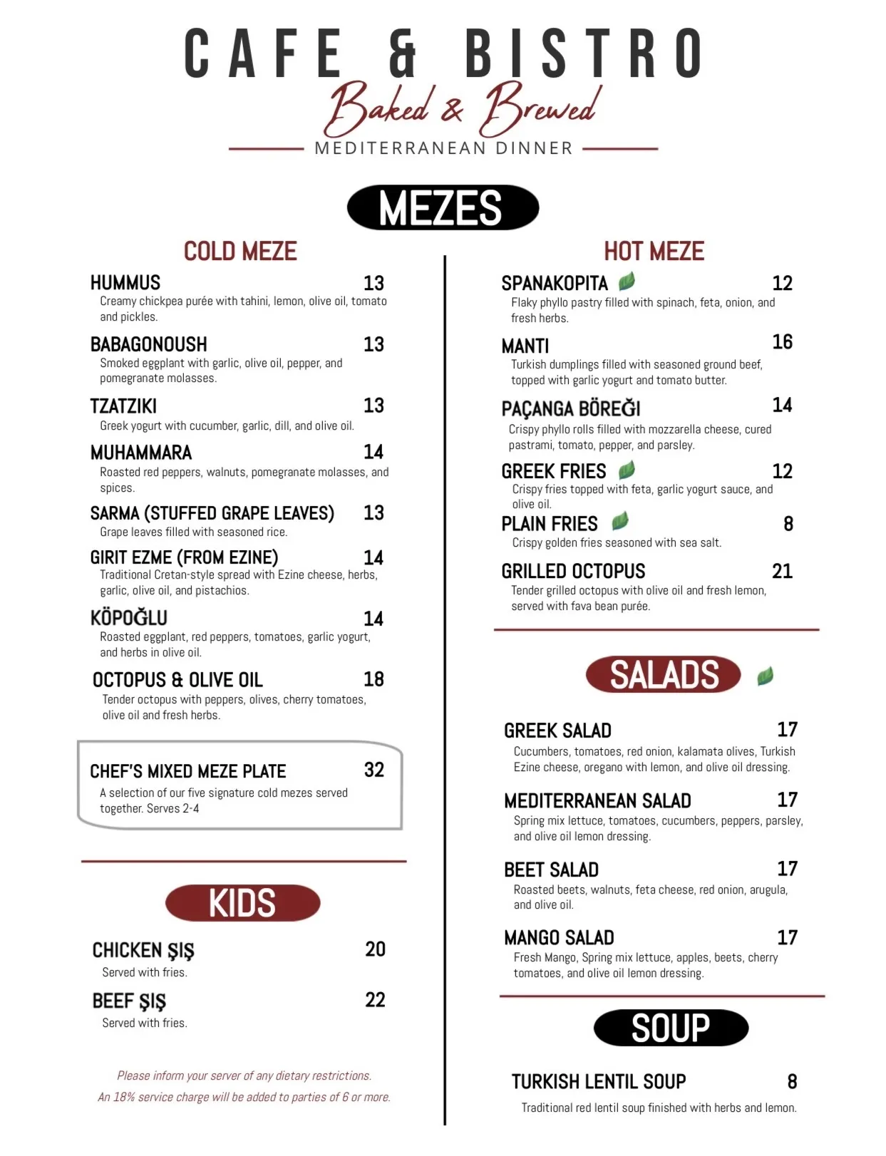 Baked & Brewed dinner menu, page 1: mezes, salads, and soup