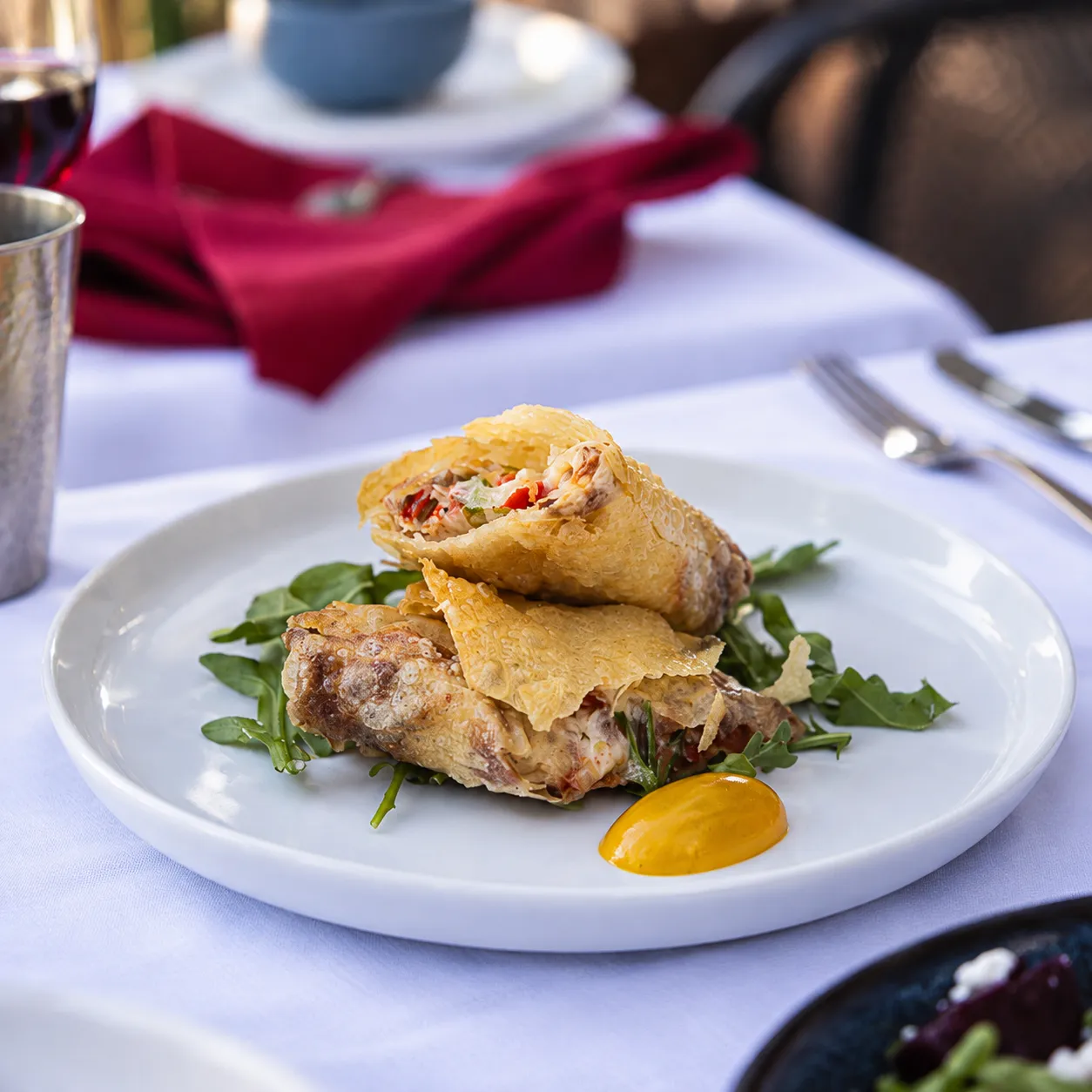 Crispy stuffed pastry rolls plated with arugula and a citrus aioli