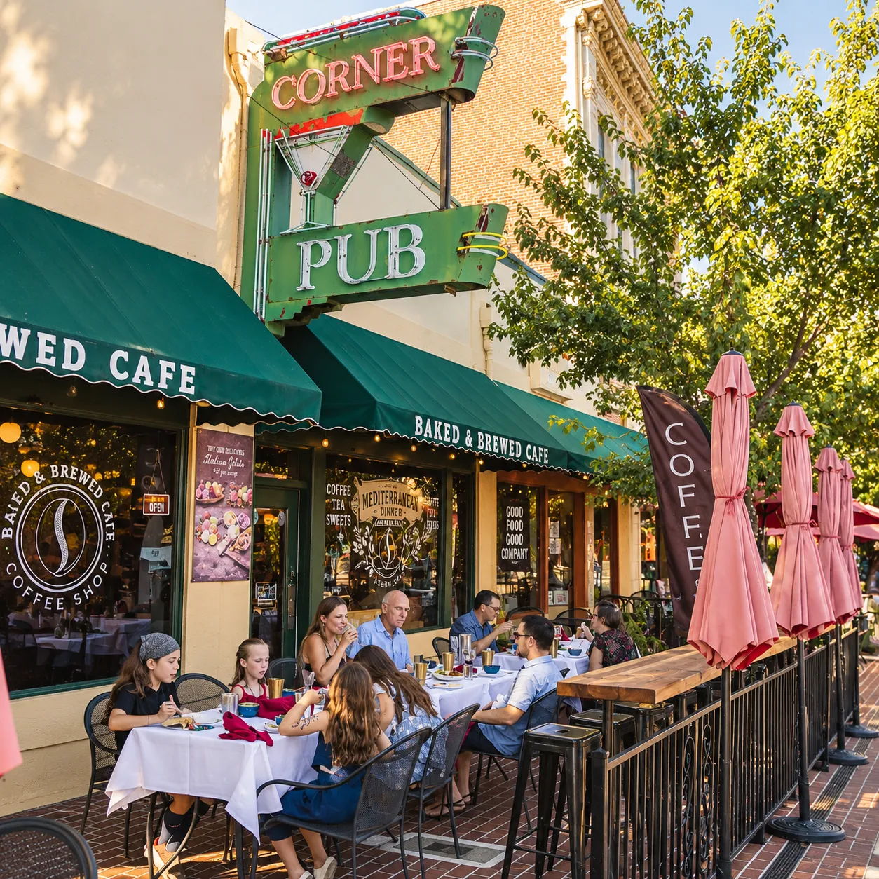 Diners seated on the sidewalk patio outside Baked & Brewed Cafe on a sunny afternoon